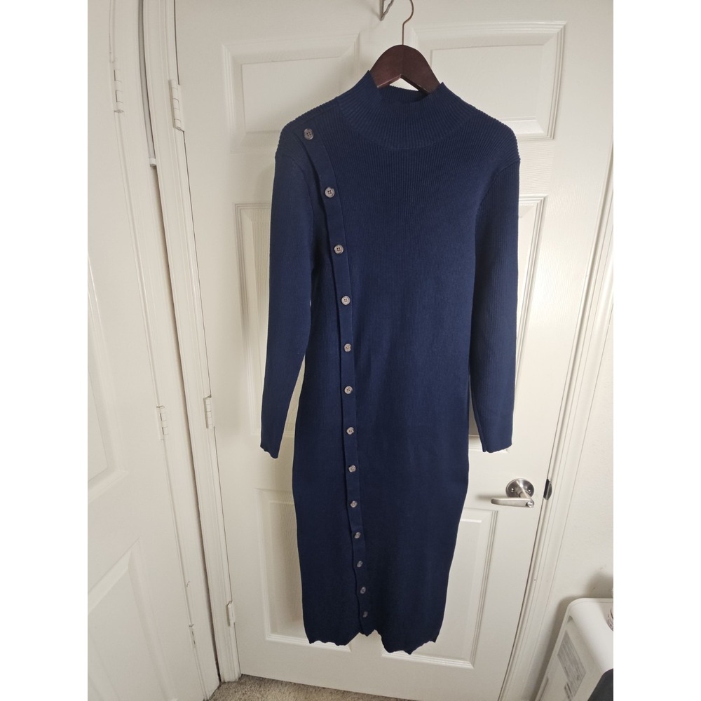 Eloquii Mock Neck Button Front Sweater Dress Blue Sz 14/16 Blue Knit Long Sleeve